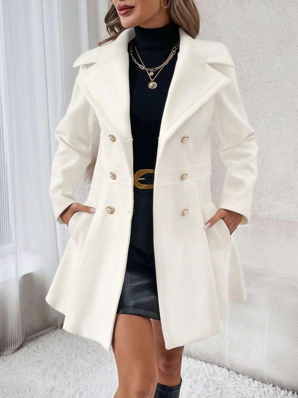 Women's Solid Color Double Button Lapel Blazer Coat, Fashion Coat, Elegant Fashion Long Sleeve Pocket Design Coat for Daily Outdoor Wear, Trendy Coat for Women, Women Outerwear Clothing for Fall & Winter